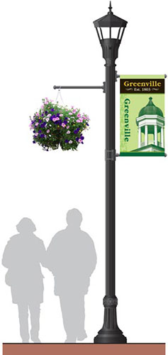 GBC light pole photo with banner and hanging planter